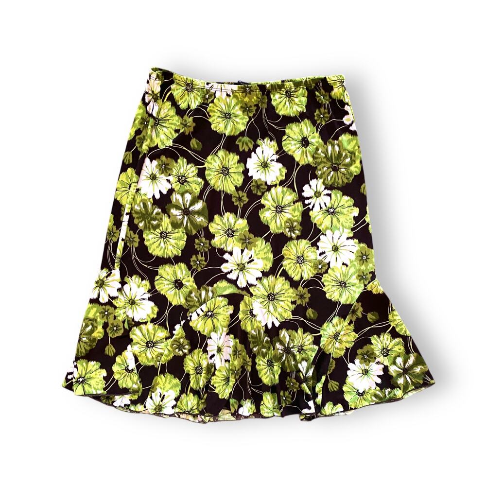 Vntg JKLA Y2k Midi Skirt Sz L Brown Green Funky Floral Pull On Boho Indie